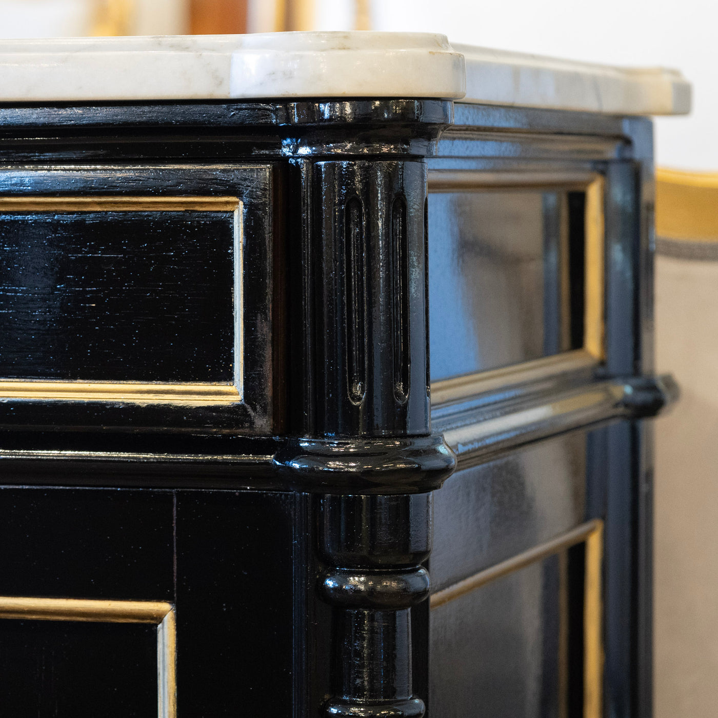 Louis XVI Black Lacquer Sideboard – Gold Inaly & White Marble Top