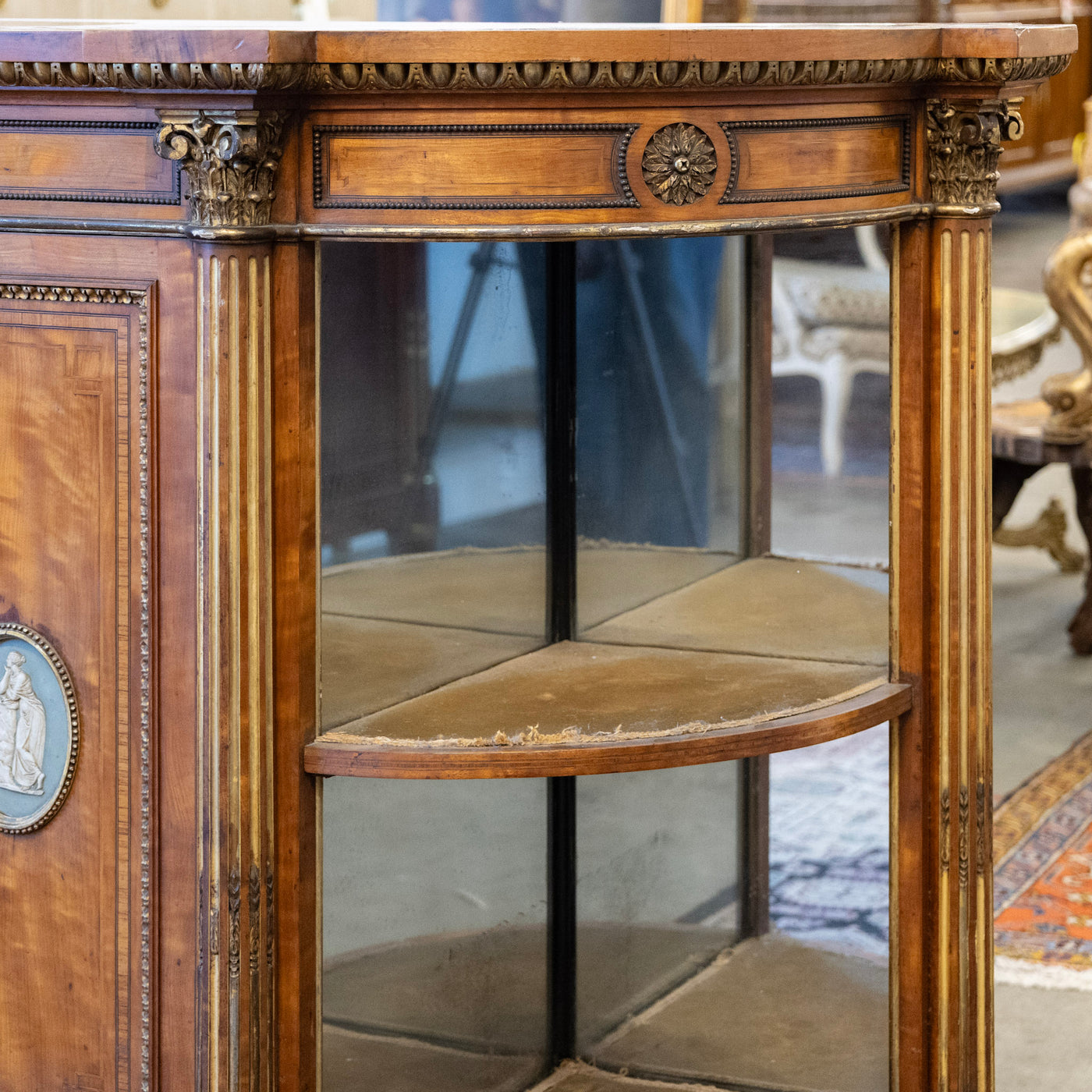 French Empire Demilune Sideboard – Neoclassical Medallions & Curved Mirror Shelves