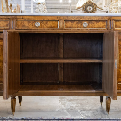 Louis XVI Burl Wood Sideboard with Brass Hardware & White Marble Top