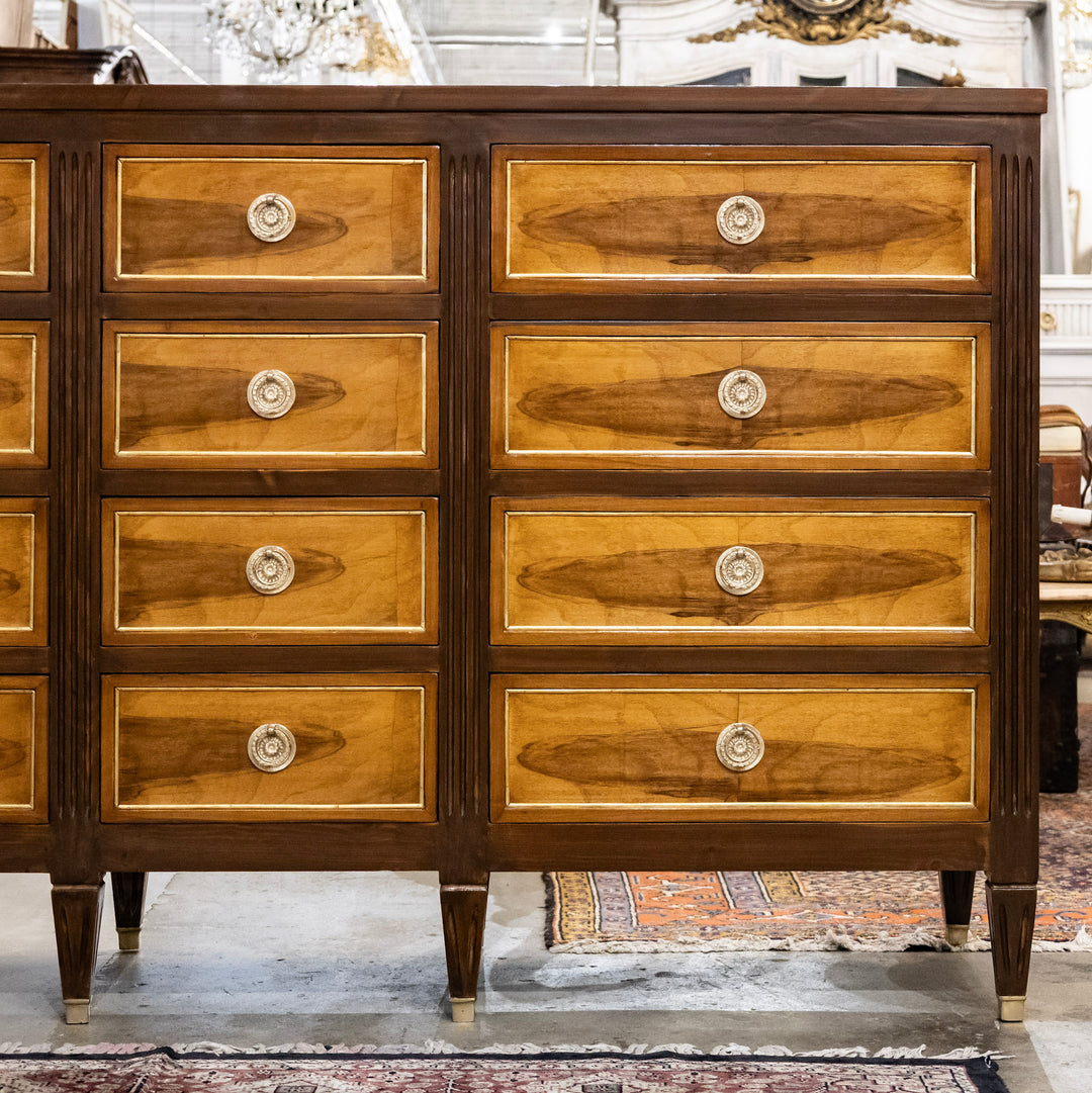 Louis XVI Burl Wood 12-Drawer Dresser with Brass Trim & Gold Inlay Le Chateau Louis XVI Burl Wood 12-Drawer Dresser with Brass Trim & Gold Inlay Le Chateau