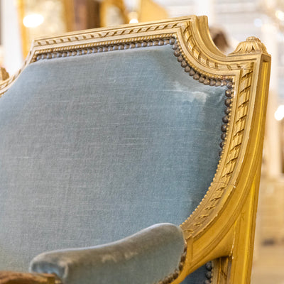 Louis XVI Captain Chair in Blue – Gilded Frame & Original Patina