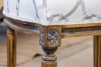 Louis XVI Dining Chair in White – Gilded Frame & Grey Trellis Upholstery