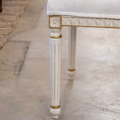 Swedish White & Gold Dining Chair – Carved Open Back & White Linen Upholstery