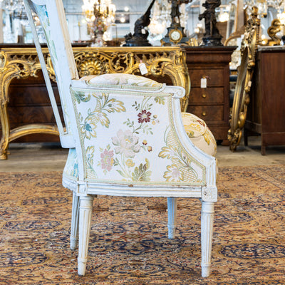 Pair of Louis XVI White Bergère Chair –Carved Frame & Original Floral Upholstery