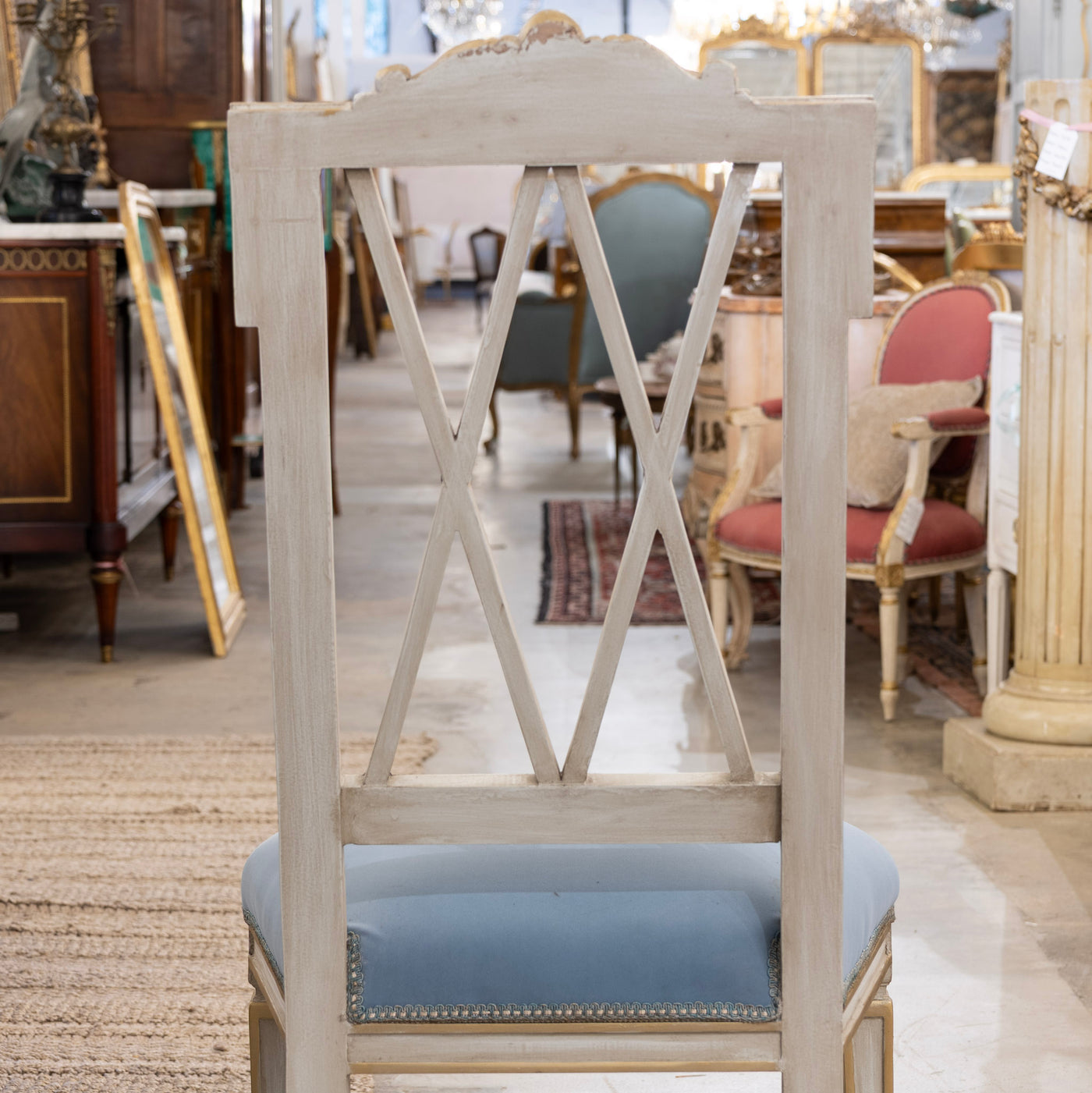 Louis XVI Dining Chair – Carved Open Back & Blue Velvet