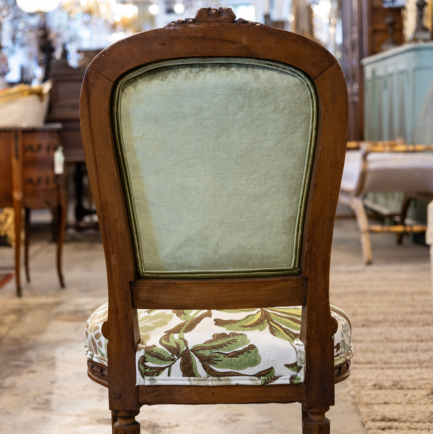 Pair of Louis XVI Side Chairs – Carved Brown Frame & Floral and Green Velvet Upholstery