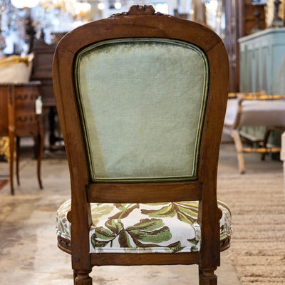 Pair of Louis XVI Side Chairs – Carved Brown Frame & Floral and Green Velvet Upholstery