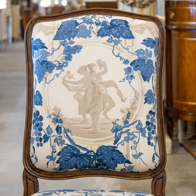 Pair of Louis XV Accent Chairs – Brown Frame with Blue & Cream Mythological Upholstery