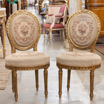 Pair of Louis XVI Round Accent Chairs – Gilded with Original Aubusson Upholstery