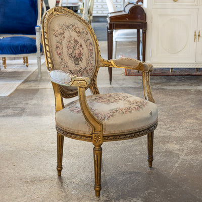 Louis XVI Gilded Armchair – Original Aubusson Floral Upholstery