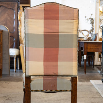 Pair of Louis XVI Accent Chairs – Gilded Details & Plaid Upholstery