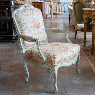 Louis XV Armchair – Soft Green Painted Frame with Aubusson Floral Upholstery