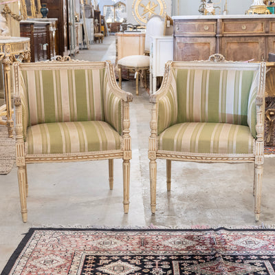 Pair of Louis XVI Painted Accent Chairs – Original Green Striped Upholstery