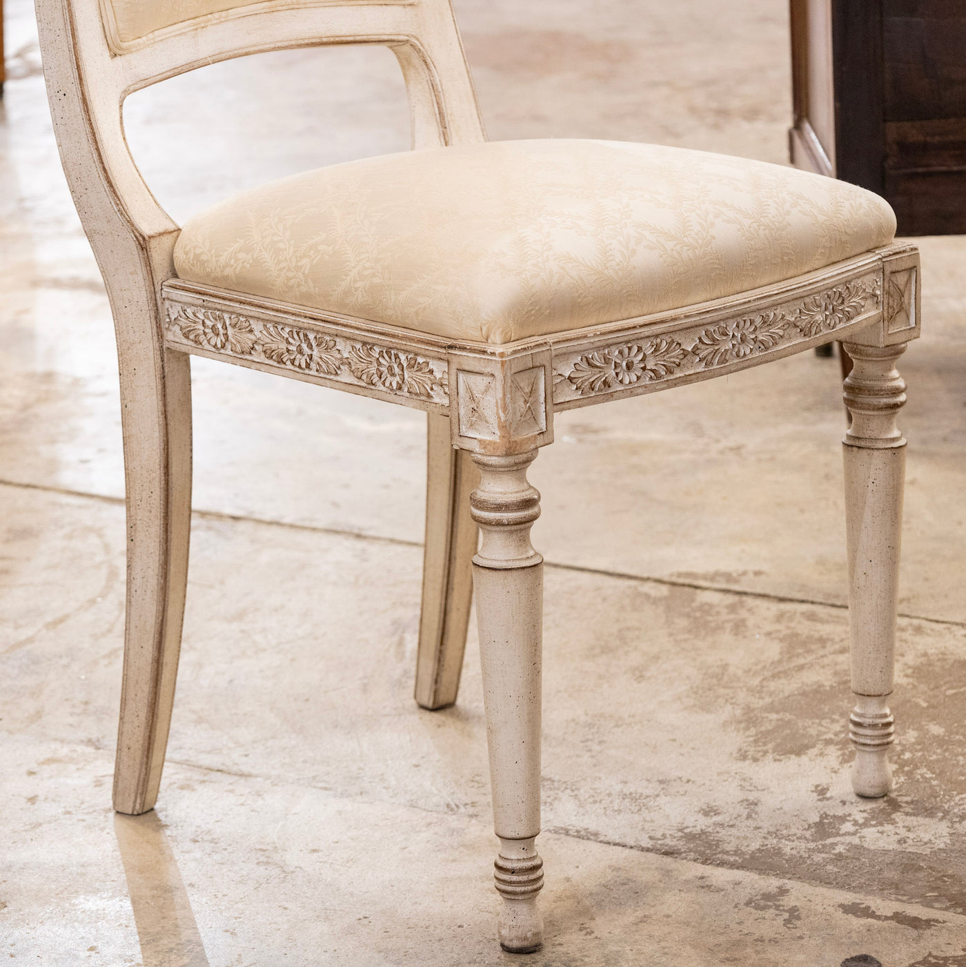 Louis XVI Antique White Dining Chair –  Original Cream Damask Upholstery
