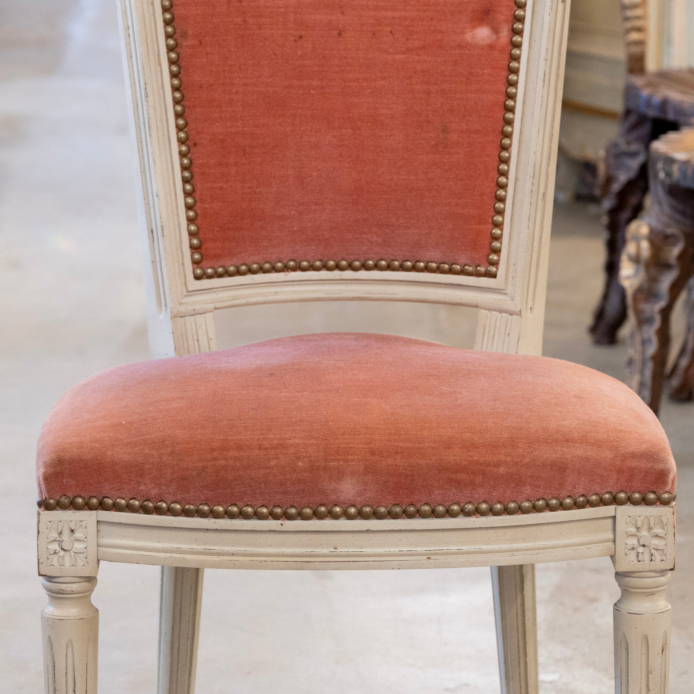 Louis XVI Dining Chair – Antique White Frame with Original Deep Rose Upholstery