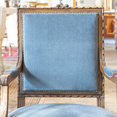 Louis XVI Carved Armchair – Wood Frame with Blue Velvet Upholstery