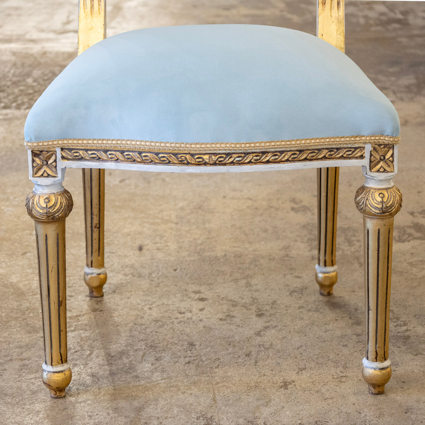 Louis XVI Square Dining Chair – Gold & White Trim with Blue Velvet