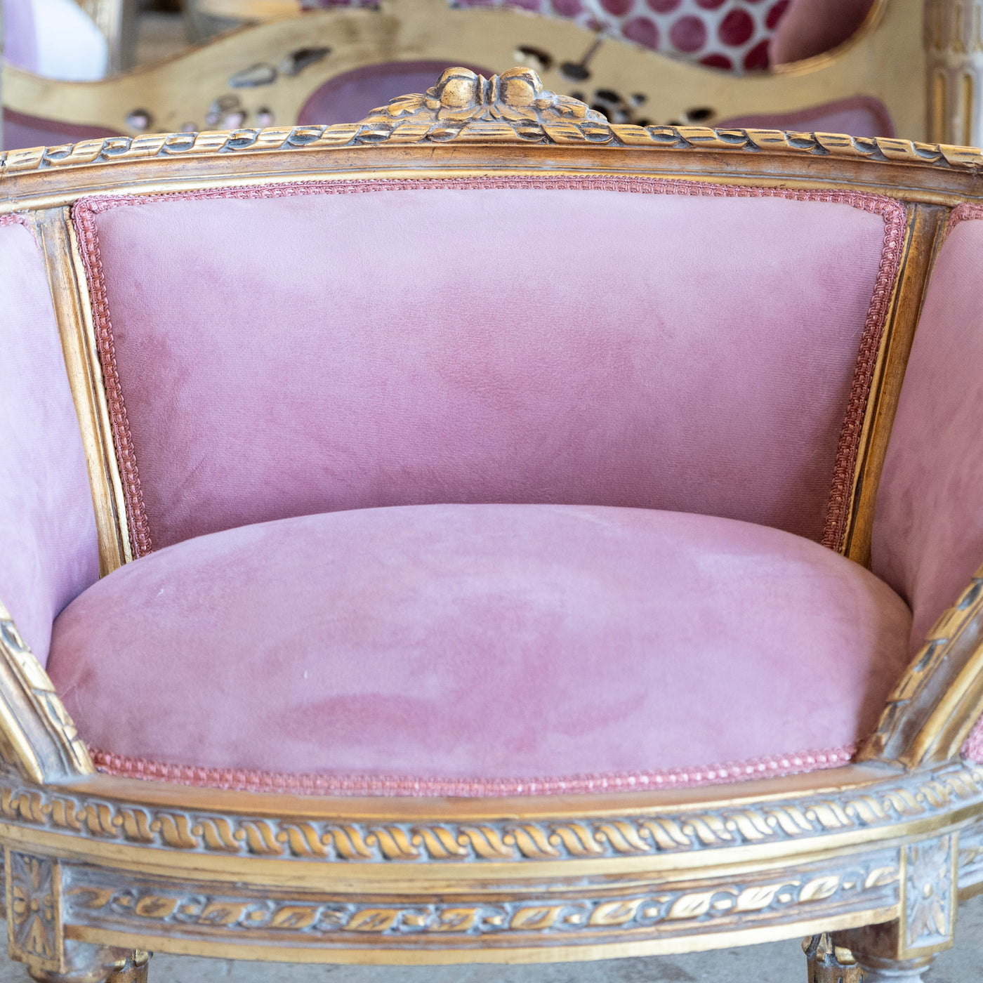 Pair of Louis XVI Petite Gilded Bergère Chairs – Velvet Deep Rose Upholstery - Accent Chairs | Le Chateau (Atlanta, GA) • 5