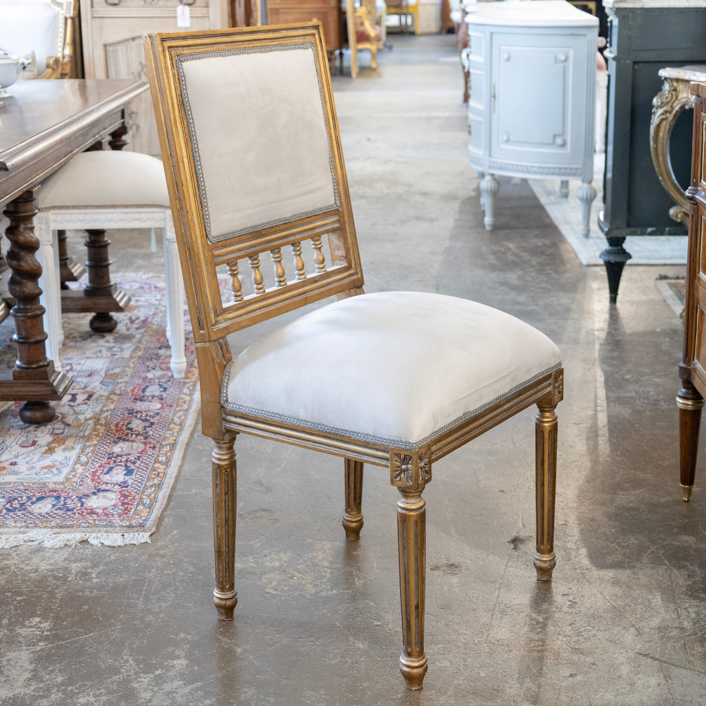 Louis XVI Square Open Back Gilded Dining Chair – Soft Grey Velvet Upholstery