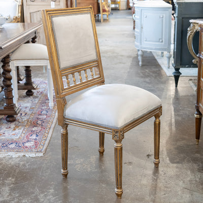 Louis XVI Square Open Back Gilded Dining Chair – Soft Grey Velvet Upholstery
