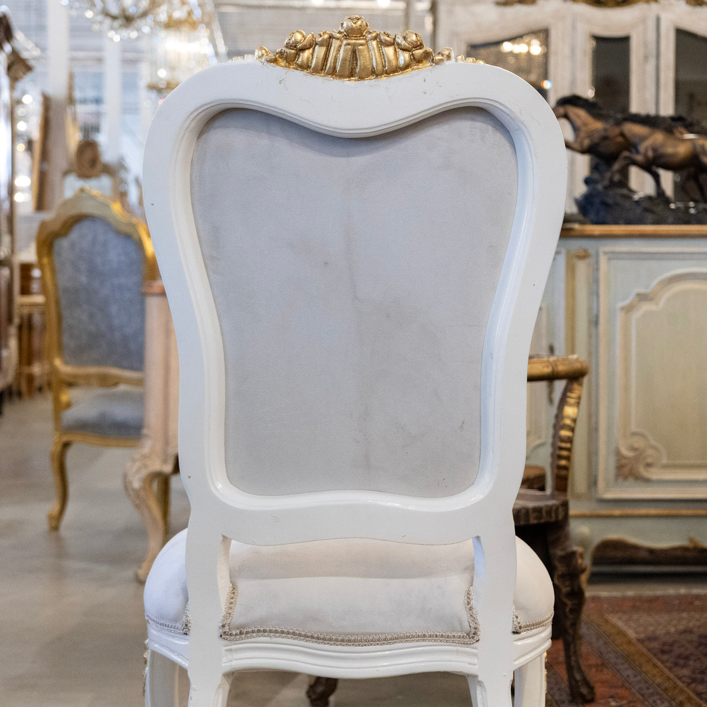 Grand Louis XV Style White & Gold Round Dining Chair – Grey Velvet Upholstery