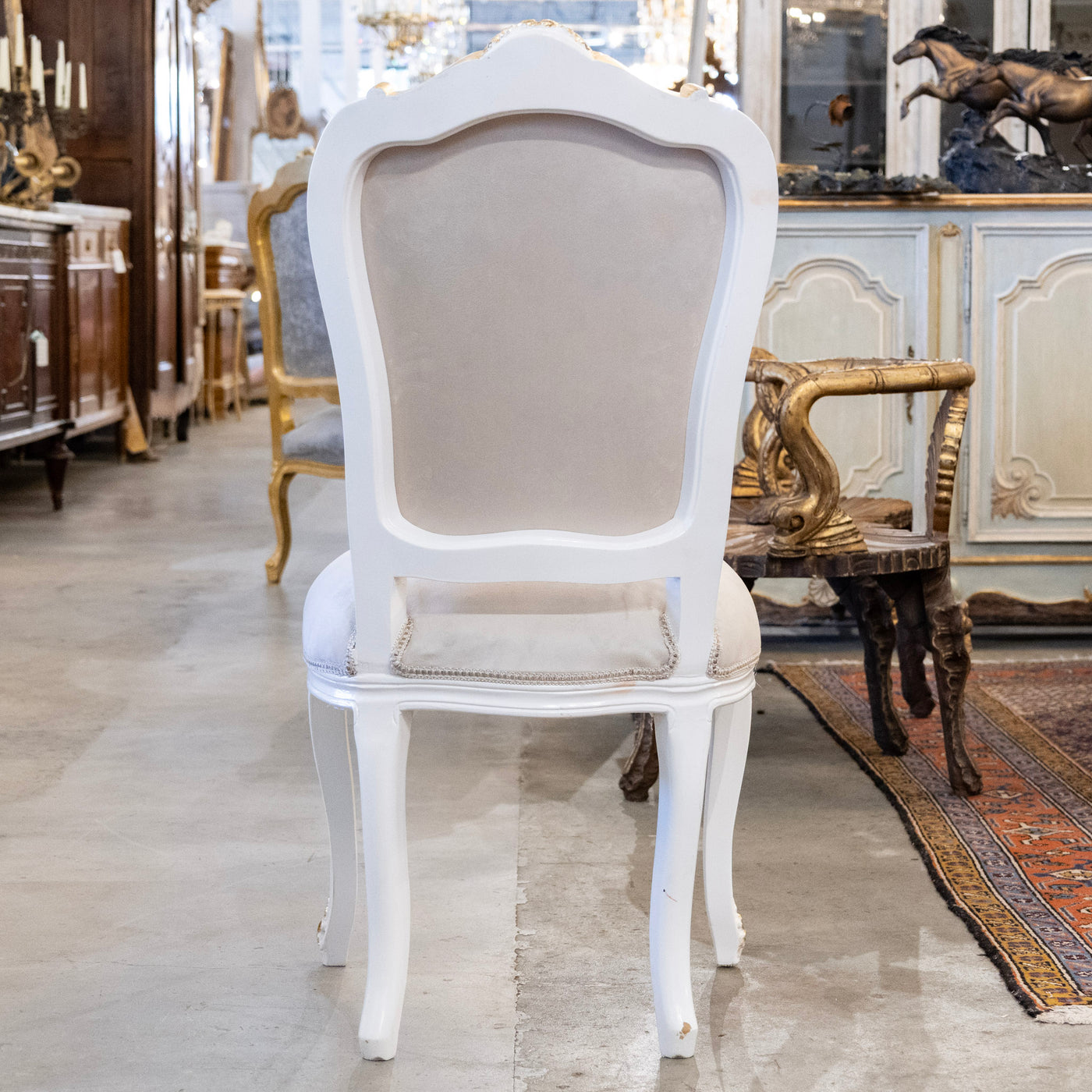 Louis XV Style White & Gold Round Dining Chair – Grey Velvet Upholstery