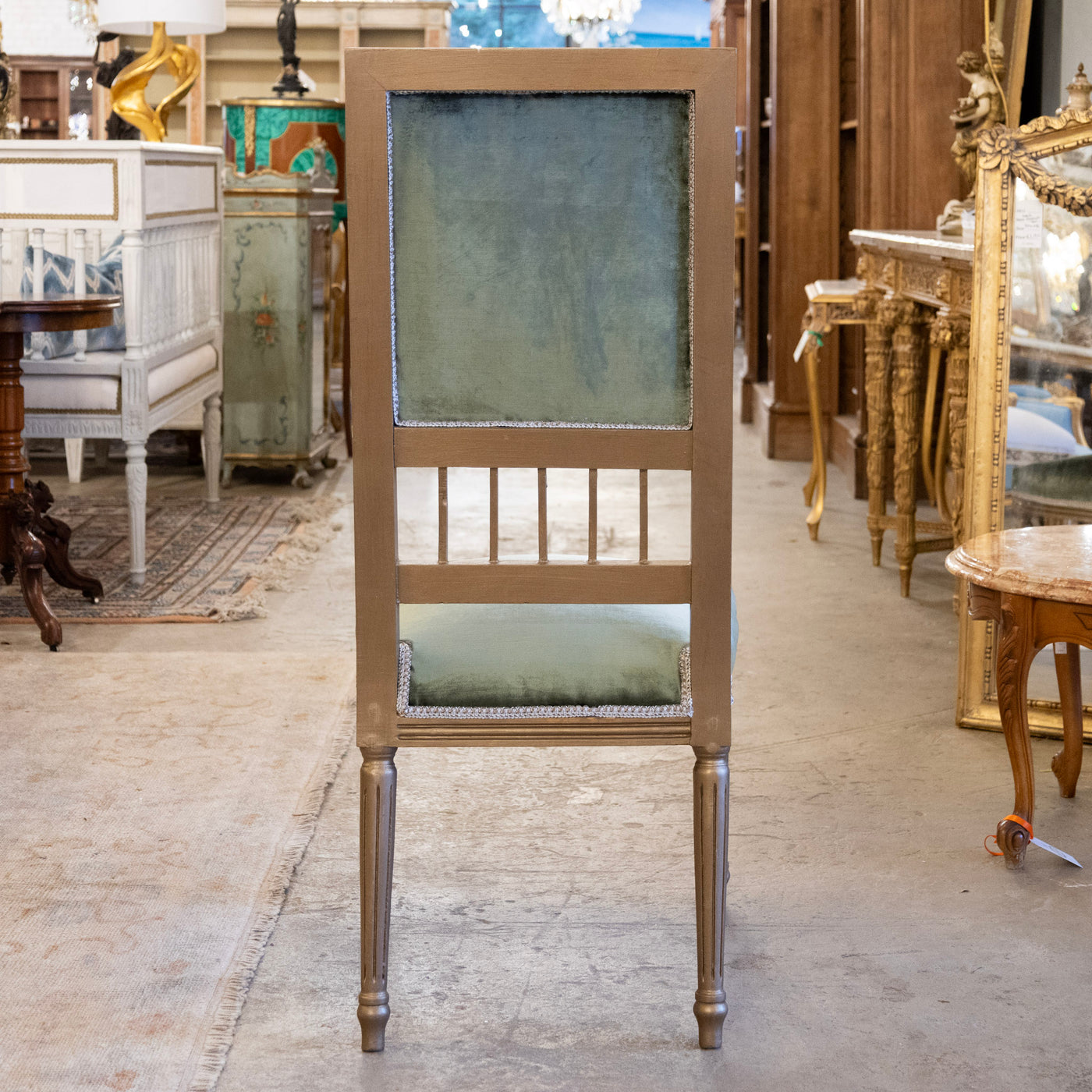 Louis XVI Square Open Back Dining Chair – Green Velvet Upholstery