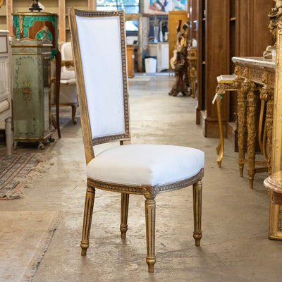 Louis XVI Tall Back Gilded Dining Chair – White Linen Upholstery