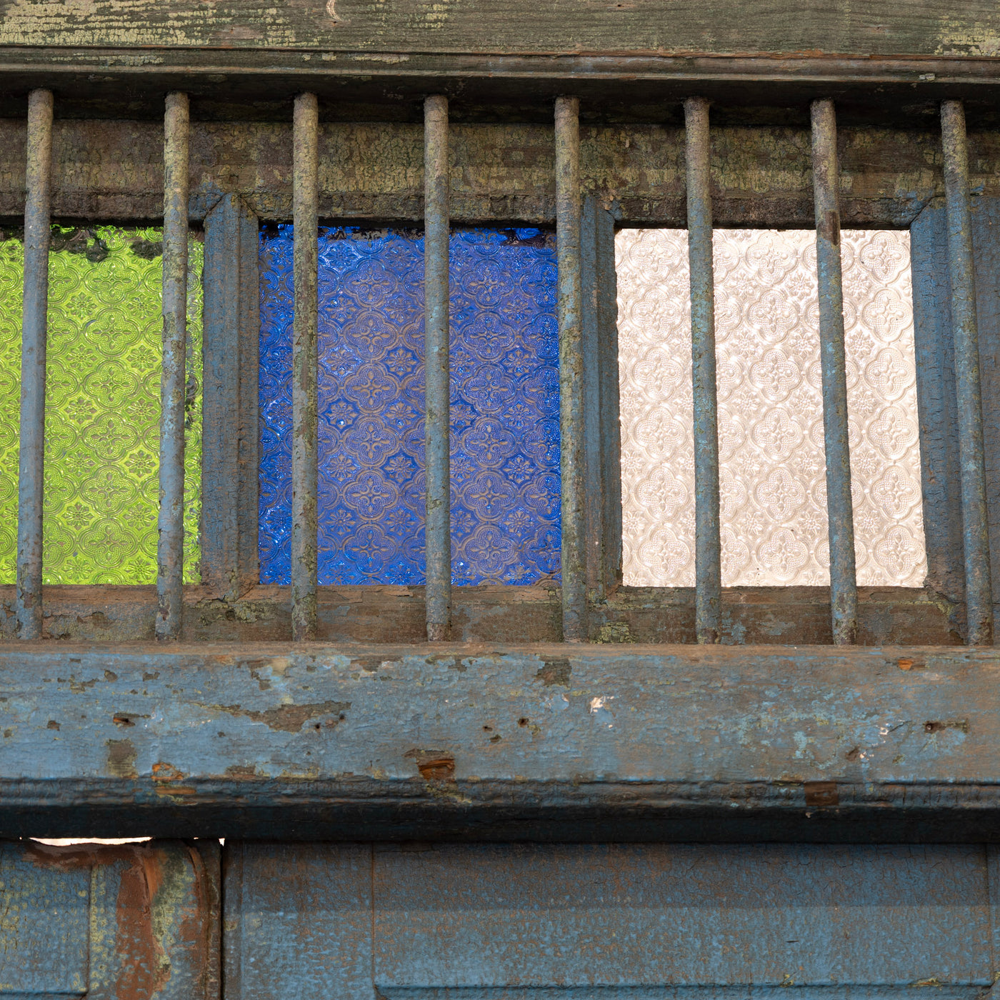 Blue Painted Double Doors – Distressed Finish with Stained Glass Transom - Door | Le Chateau (Atlanta, GA) • 7