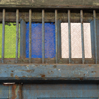Blue Painted Double Doors – Distressed Finish with Stained Glass Transom - Door | Le Chateau (Atlanta, GA) • 7