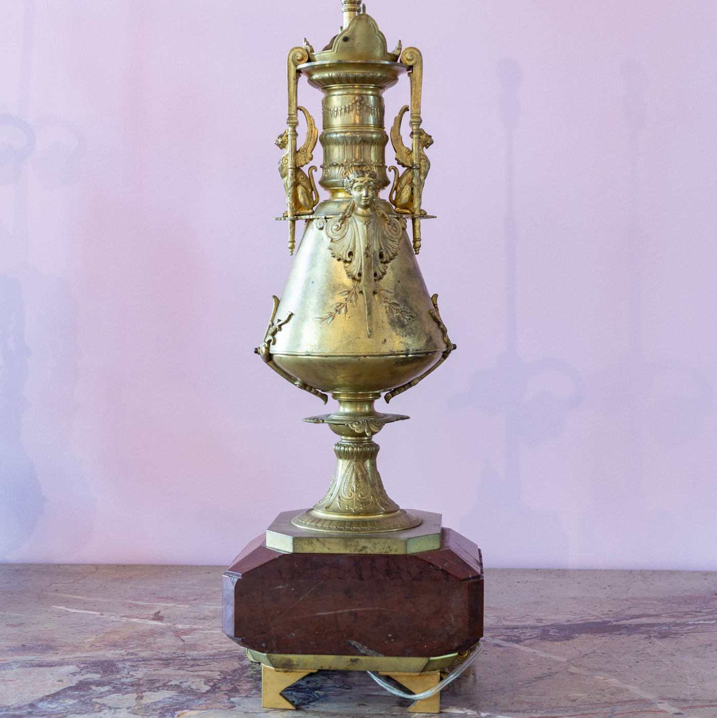 Pair of Carved Gilded Lamps – Red Marble Base