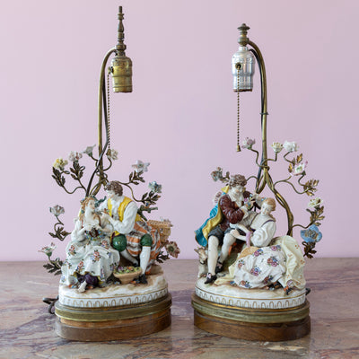 Pair of Porcelain Rococo Style Couple Lamps