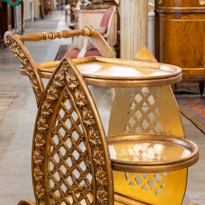 Gilded Italian Bar Cart – Carved Leaf Motifs & Lattice Paneling