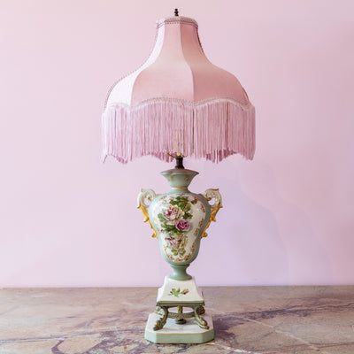 French Porcelain Lamp – Hand-Painted Roses & Pink Fringe Shade