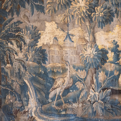 Antique French Flemish Tapestry – Handwoven Verdure Scene with Birds & Architecture