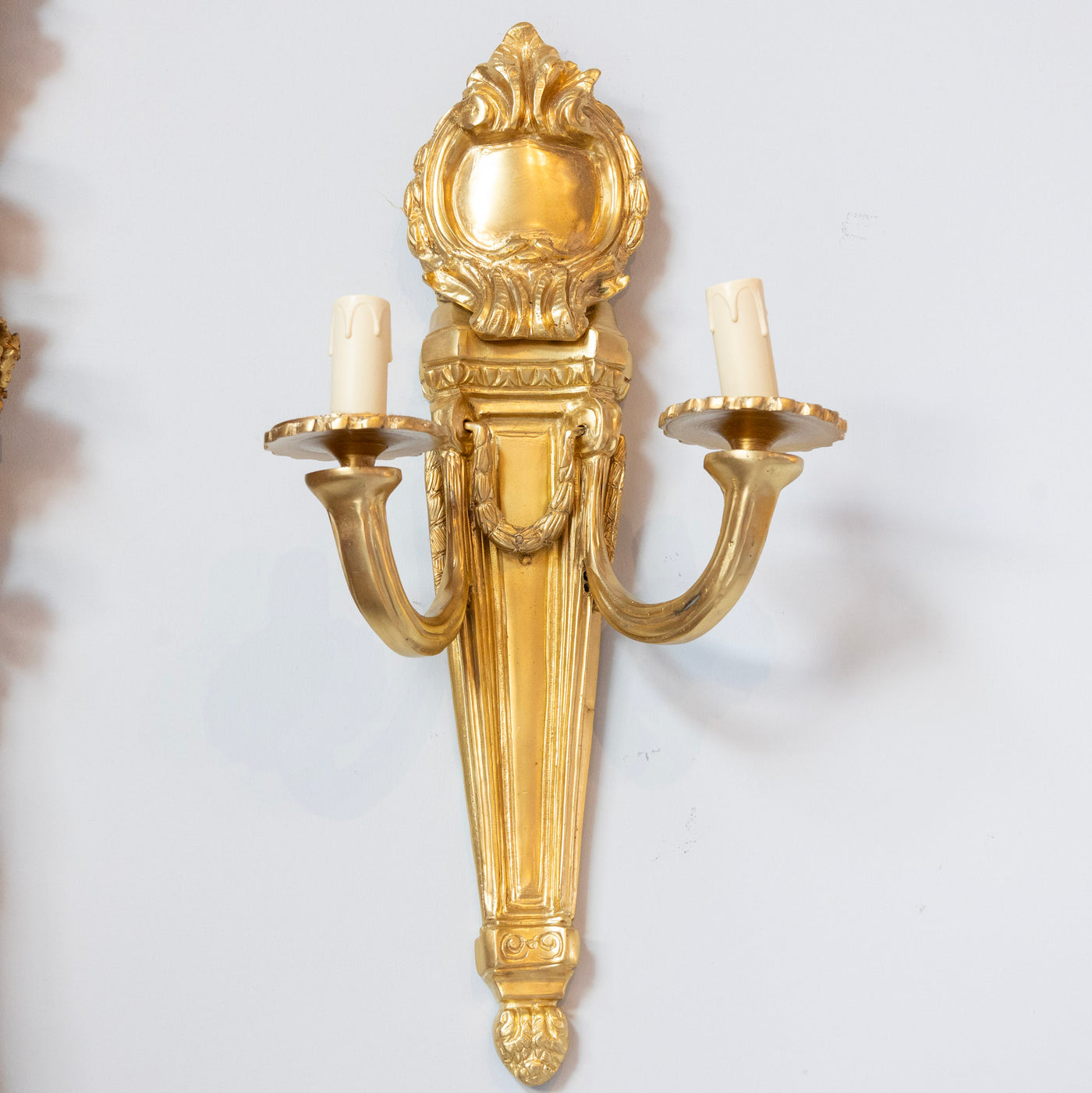 Pair of Louis XVI Gilded Wall Sconces – Carved Crest in Bright Gold
