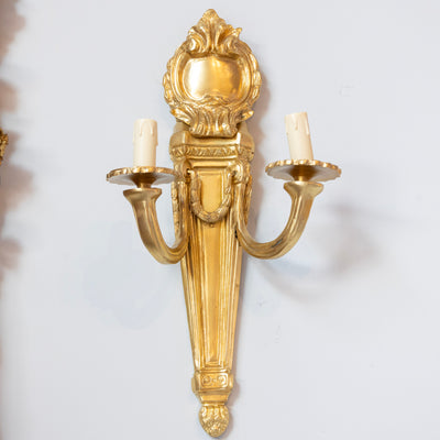 Pair of Louis XVI Gilded Wall Sconces – Carved Crest in Bright Gold