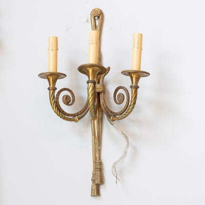 Pair of Louis XVI Brass Wall Sconces – Tassel Frame & Rope Twist Arms - Wired Sconces | Le Chateau (Atlanta, GA) • 2