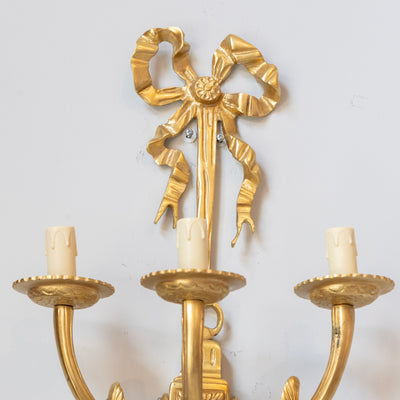 Pair of Louis XVI Grand Gilded Wall Sconces – Bright Gold with Bow Frame - Wired Sconces | Le Chateau (Atlanta, GA) • 4