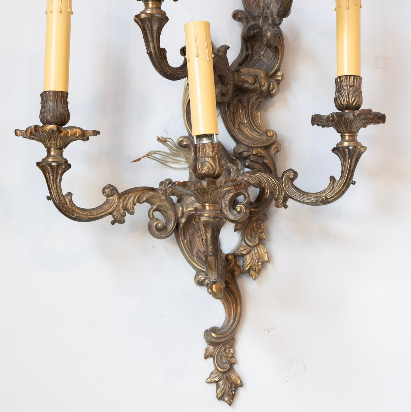Pair of Louis XV Aged Brass Sconces – Rococo Scrollwork & Five Candle Arms - Wired Sconces | Le Chateau (Atlanta, GA) • 5