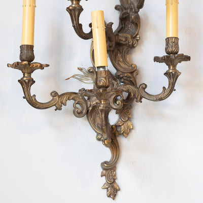 Pair of Louis XV Aged Brass Sconces – Rococo Scrollwork & Five Candle Arms - Wired Sconces | Le Chateau (Atlanta, GA) • 5