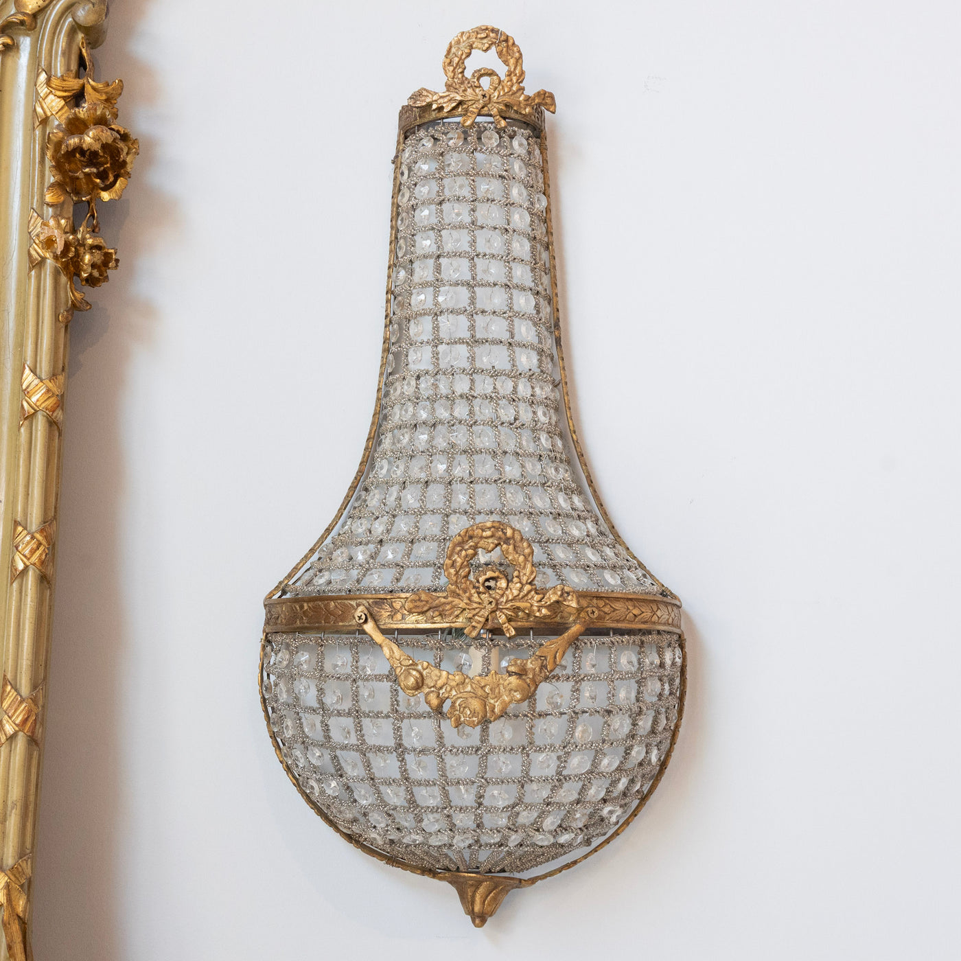 Pair of French Empire Crystal Basket Sconces – Gilded Bronze Trim