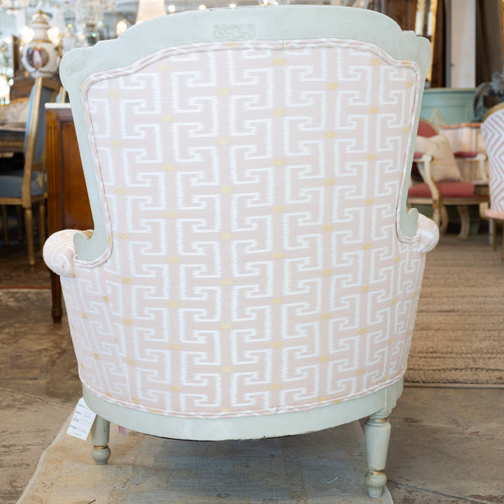 Louis XVI Chaise Lounge – Pink Greek Key Upholstery & Carved