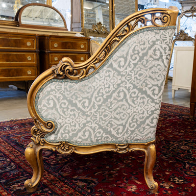 Louis XV Gilded Sofa – Detailed Carvings & Blue Damask Upholstery