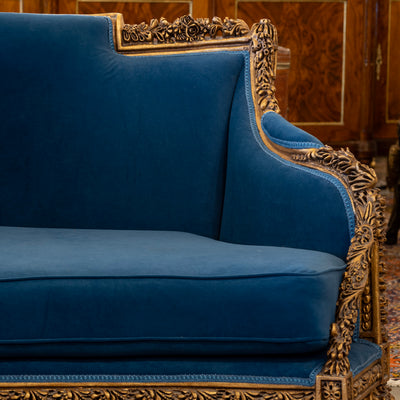 Louis XVI Gilded Sofa – Carved Detailing & Dark Blue Velvet Upholstery