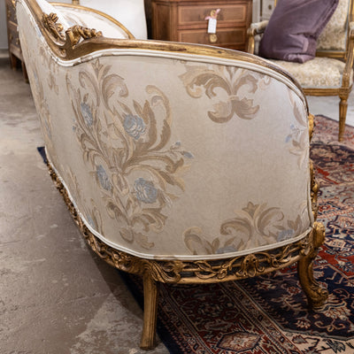 Louis XV Gilded Sofa – Carved Floral Frame & Cream Damask Upholstery