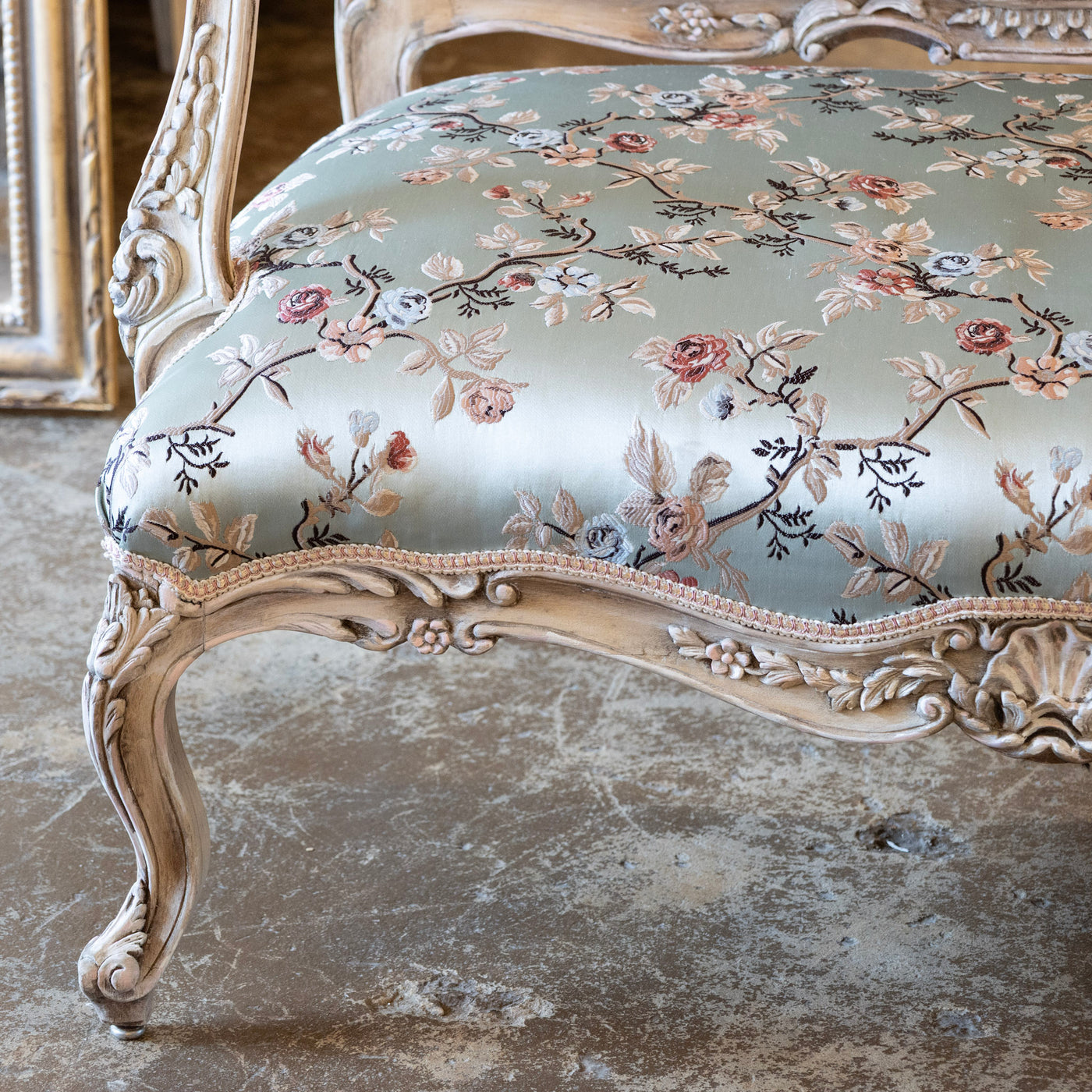 Louis XV Painted Settee – Floral Scalamandré Upholstery & Carved Trim