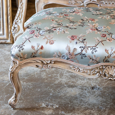 Louis XV Painted Settee – Floral Scalamandré Upholstery & Carved Trim