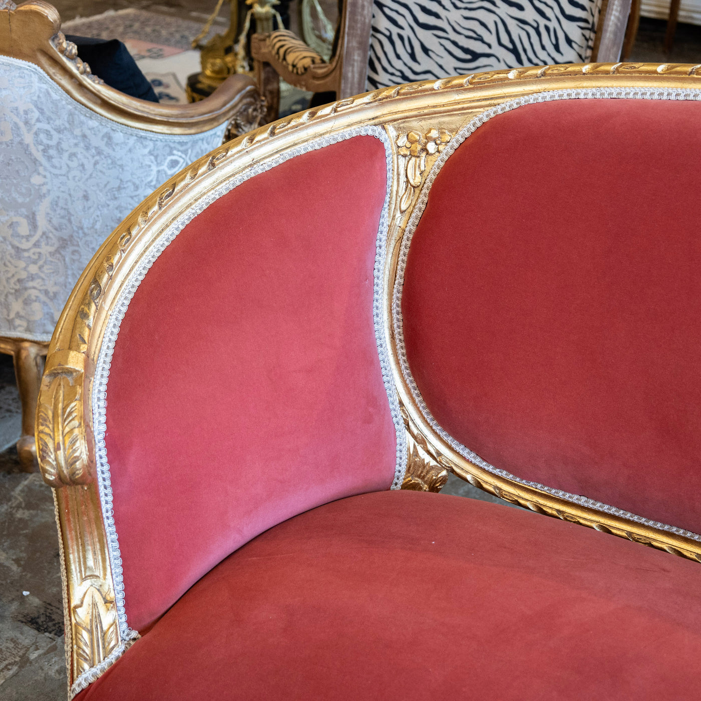 Louis XVI Gilded Settee – Dark Pink Velvet Upholstery
