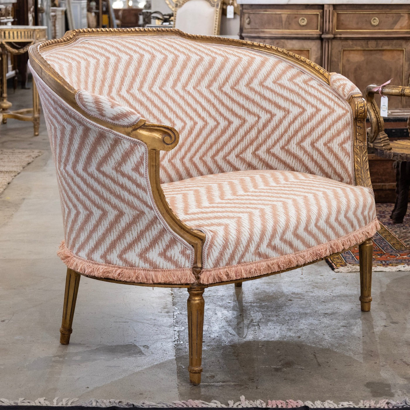 Louis XVI Gilded Settee – Pink Chevron Upholstery